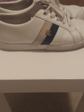 Ralph Lauren White Leather Sneakers with Navy & Beige Stripes